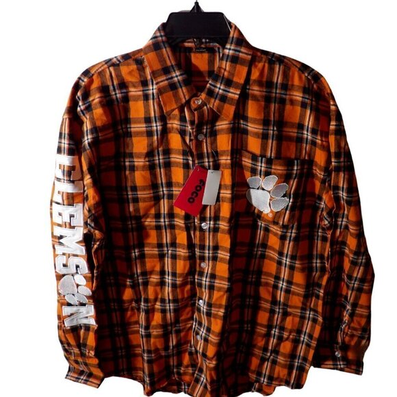 Clemson Tigers FOCO Mens Flannel Plaid Long Sleeve Button Up Shirt Pocket Medium - Picture 1 of 7